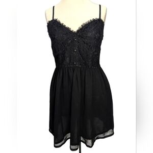 Black Lace Top Y2K Slip Dress With Side Zipper And Button Details